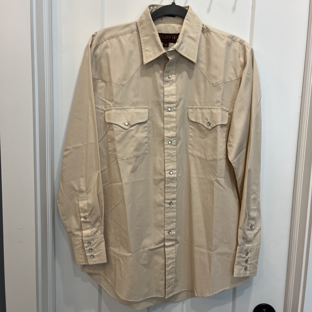 VTG Sheplers Men's Cream Western Cowboy Pearl Snap Long Sleeve Shirt Sz 15.5 34